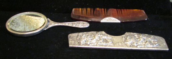 Vintage Hans Jensen Comb & Mirror Set Silverplated 1940's Vanity Set Denmark