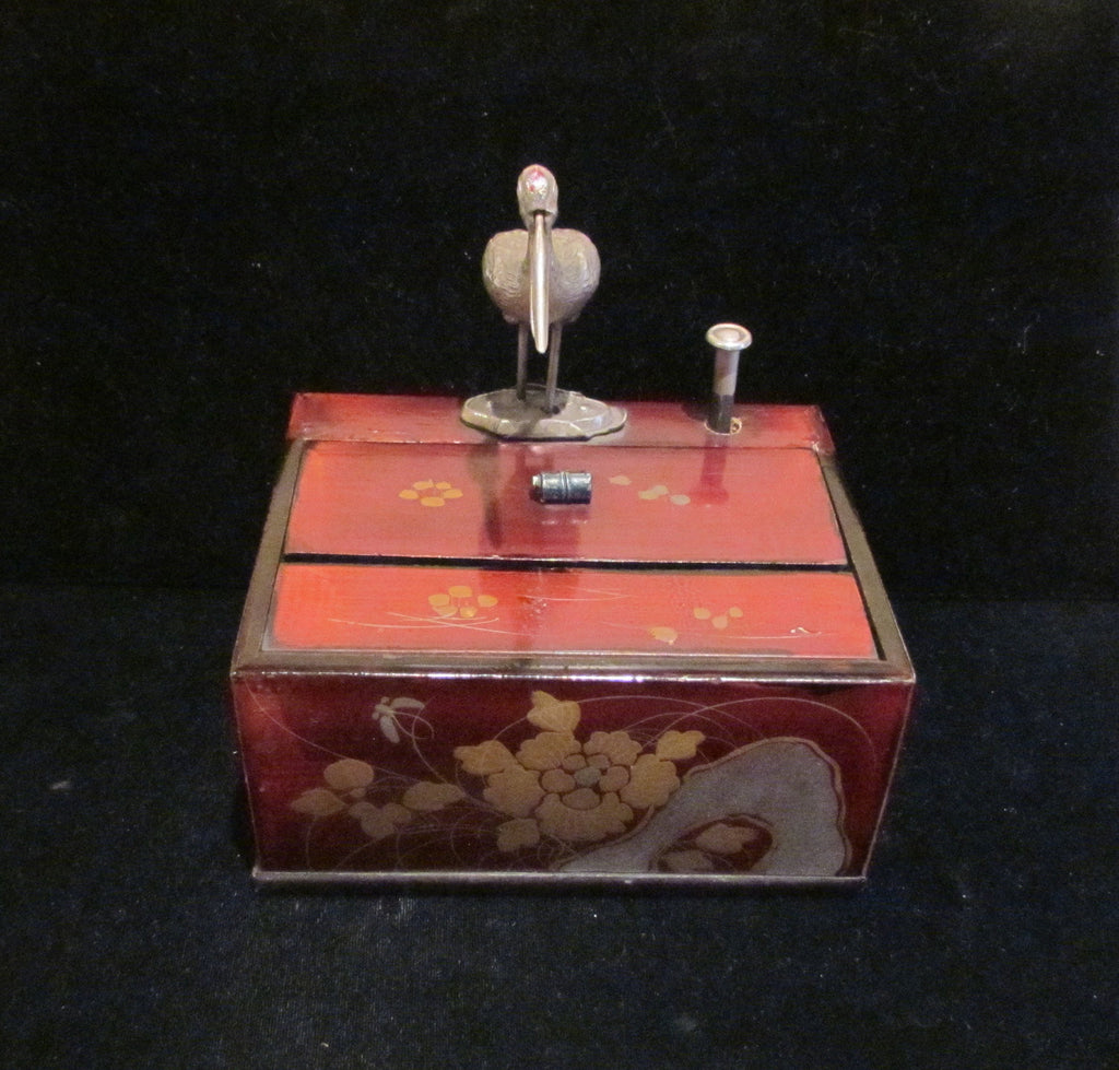 Antique Asian Cigarette Dispenser Box 1910's Japanese Bird Wooden Cigarette Case Extremely Rare