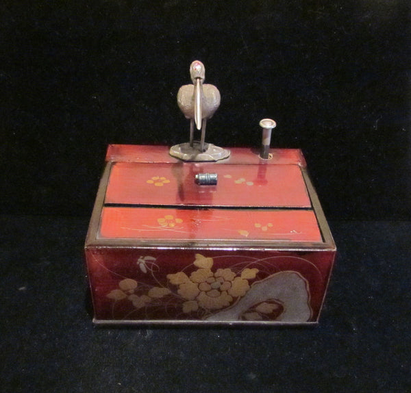 Antique Asian Cigarette Dispenser Box 1910's Japanese Bird Wooden Cigarette Case Extremely Rare