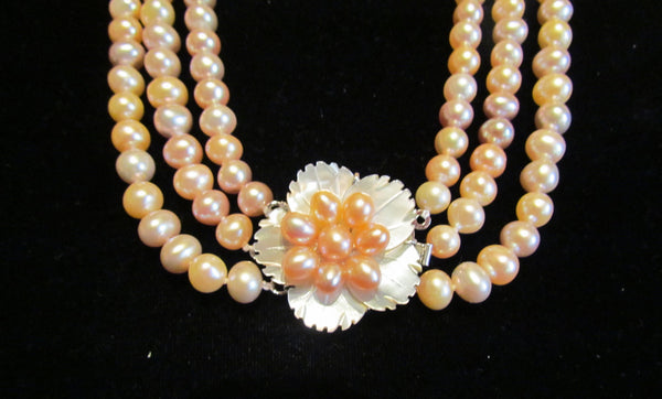 Multi Color Pearl 3 Strand Necklace Mother Of Pearl Sterling Silver & Pearl Clasp OOAK