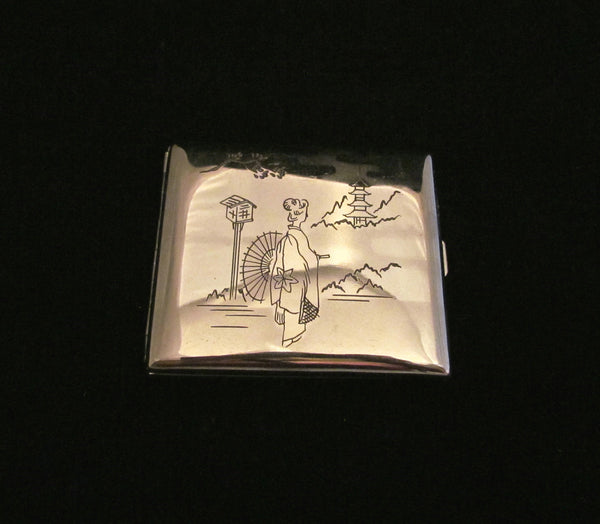 Asian Silver Cigarette Case Buiness Card Case Or Holder Vintage 1940s Etched Geisha Mt Fugi