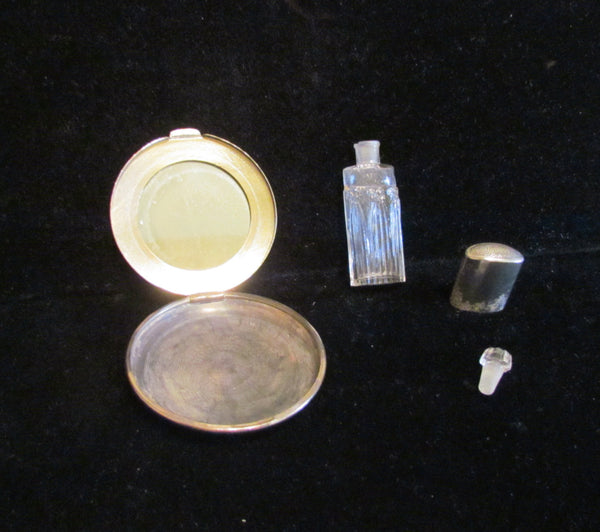 Circa 1900's Silver Vanity Box Compact Perfume Bottle Set Antique Box Mirror Powder Compact Victorian Vanity Set Dresser Accessory