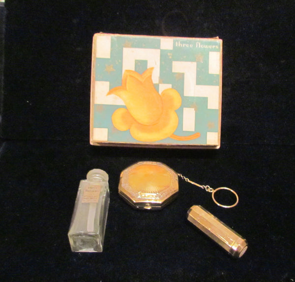 1920's Richard Hudnut Three Flowers Gift Box Art Deco Perfume Compact Purse & Lipstick Rare Gift Set