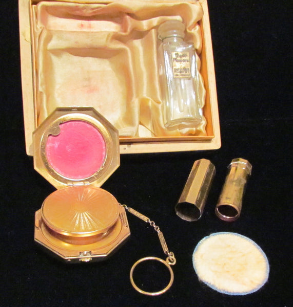 1920's Richard Hudnut Three Flowers Gift Box Art Deco Perfume Compact Purse & Lipstick Rare Gift Set