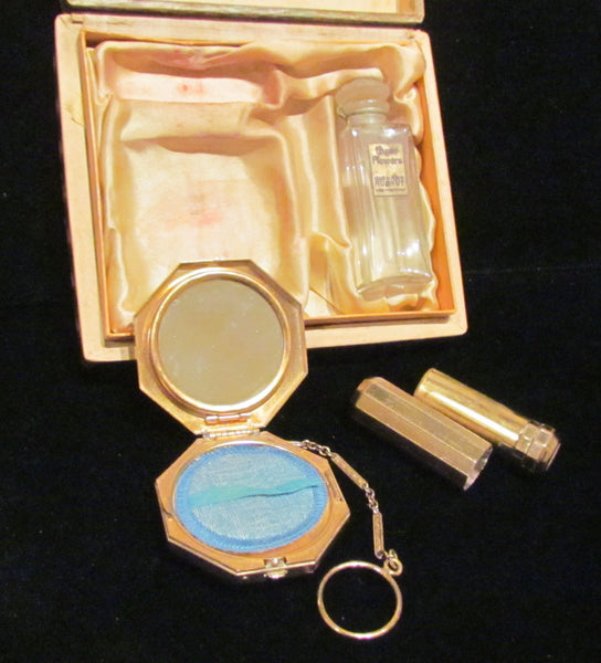1920's Richard Hudnut Three Flowers Gift Box Art Deco Perfume Compact Purse & Lipstick Rare Gift Set