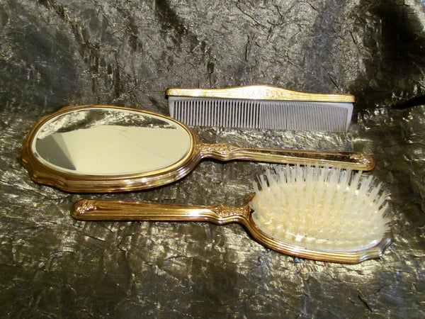 1930's Guilloche Vanity Set Vintage Dresser Set Enamel Brush Mirror & Comb Rare