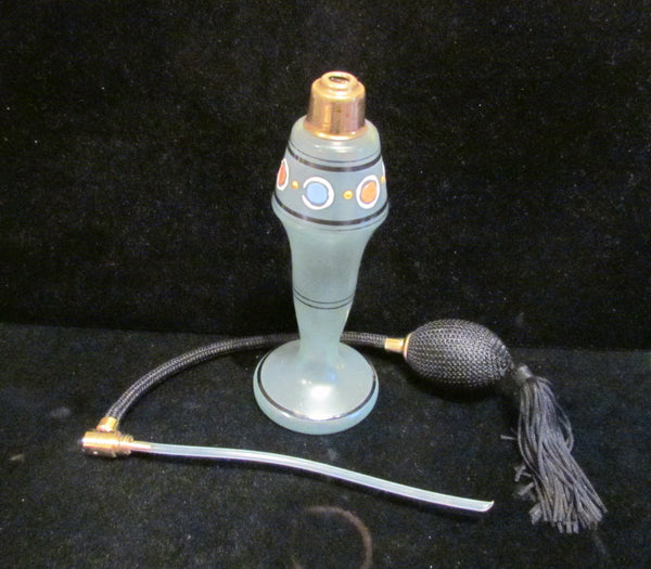Art Deco Atomizer Perfume Bottle Tassel Czech Light Green Satin Glass Hand Painted Excellent Working