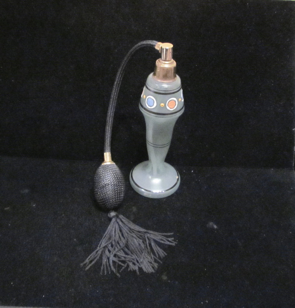 Art Deco Atomizer Perfume Bottle Tassel Czech Light Green Satin Glass Hand Painted Excellent Working