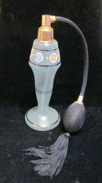 Art Deco Atomizer Perfume Bottle Tassel Czech Light Green Satin Glass Hand Painted Excellent Working
