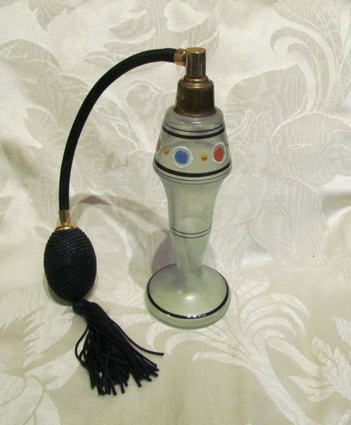 Art Deco Atomizer Perfume Bottle Tassel Czech Light Green Satin Glass Hand Painted Excellent Working