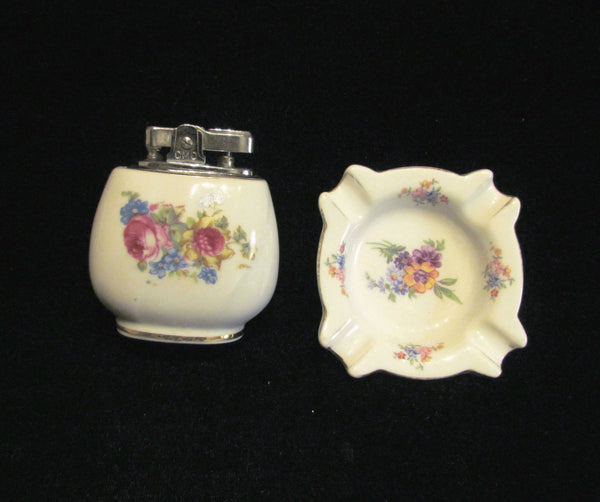 1950s Ceramic Hand Painted Floral Lighter & Ashtray Working Lighter