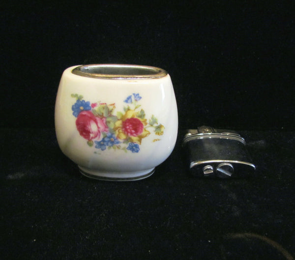 1950s Ceramic Hand Painted Floral Lighter & Ashtray Working Lighter