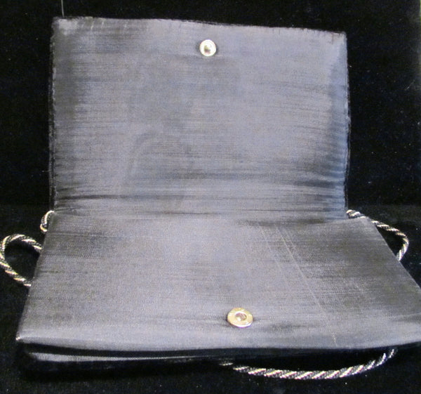 1940's Black Velvet Clutch Purse Art Deco Hand Embroidered Peacock Handbag Evening Bag