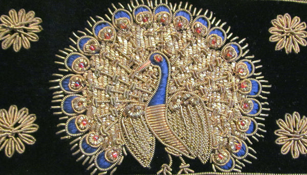 1940's Black Velvet Clutch Purse Art Deco Hand Embroidered Peacock Handbag Evening Bag