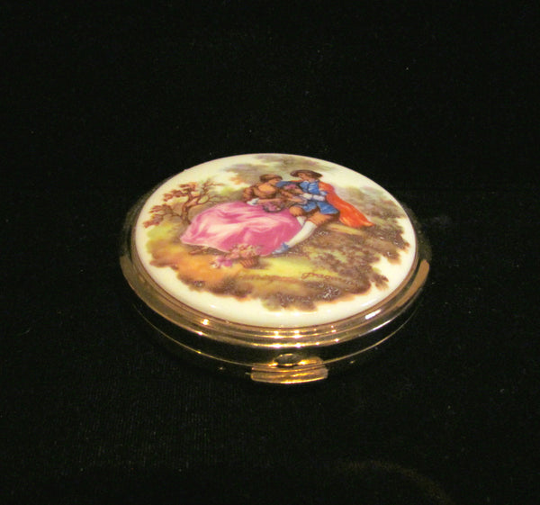 Vintage French Limoges Fragonard Compact Porcelain Courtship Powder & Mirror Compact Unused
