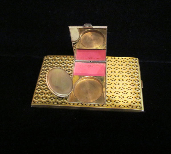 Art Deco Compact Cigarette Case 1940s Guilloche Enamel Powder & Rouge Gold Compact Case