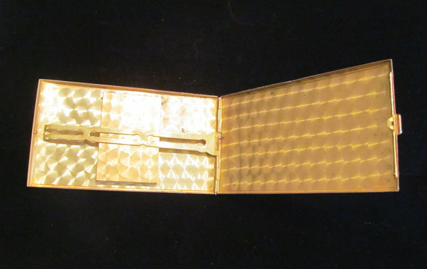 Art Deco Compact Cigarette Case 1940s Guilloche Enamel Powder & Rouge Gold Compact Case