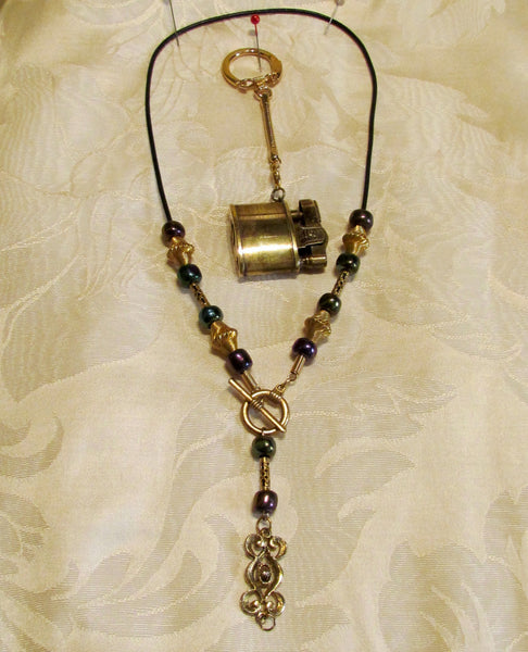 OOAK Gold Pendant Lighter Necklace Handmade Leather & Beaded Vintage Lighter Working Lighter Keychain
