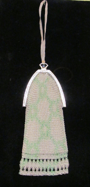 Whiting And Davis German Silver Soldered Painted Mesh Purse A M Co. Antique Flapper Purse Victorian Evening Bag Formal Purse