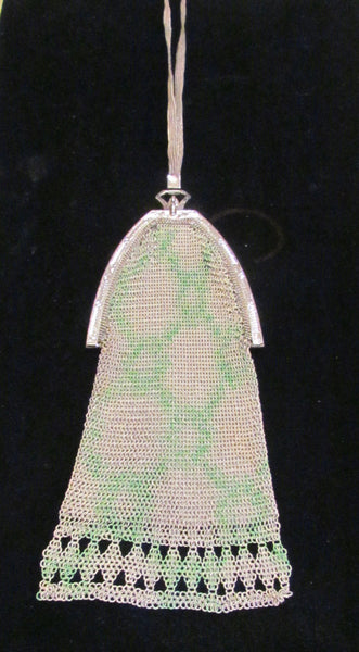 Whiting And Davis German Silver Soldered Painted Mesh Purse A M Co. Antique Flapper Purse Victorian Evening Bag Formal Purse