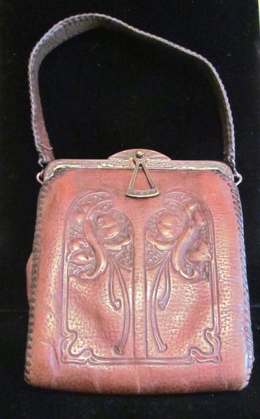1910's Leather Purse Tooled Handbag Art Nouveau Purse Vintage Purse Antique Leather Handbag
