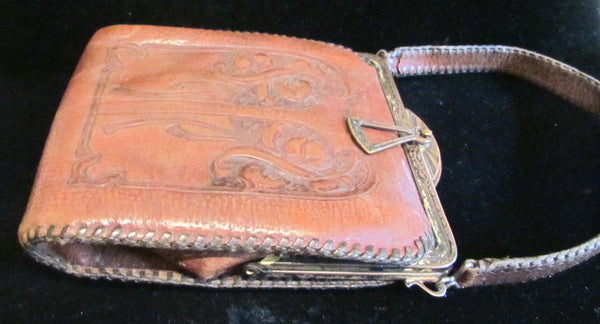 1910's Leather Purse Tooled Handbag Art Nouveau Purse Vintage Purse Antique Leather Handbag