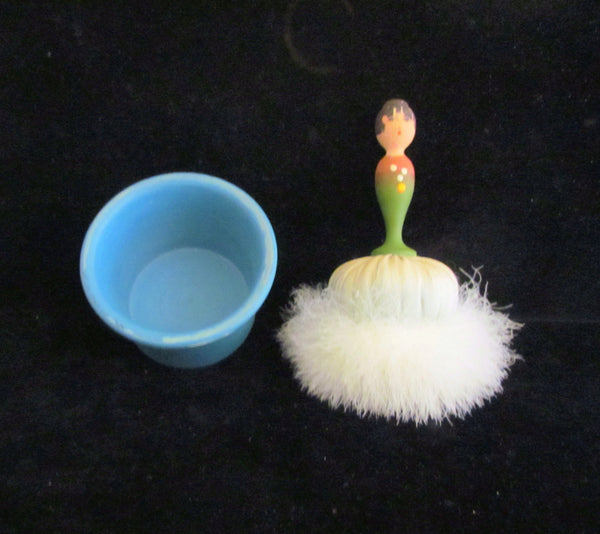 1940s Goose Down Powder Puff Jar Figural Doll Handle Vintage Powder Box Swan Powder Puff RARE