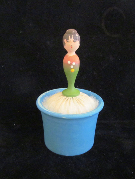 1940s Goose Down Powder Puff Jar Figural Doll Handle Vintage Powder Box Swan Powder Puff RARE