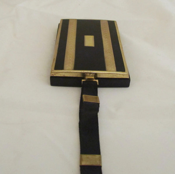 Art Deco Compact Coin Makeup Purse 1930s Terri Compact Gold & Black Enamel Wristlet Purse