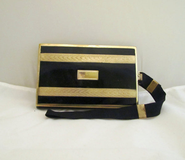 Art Deco Compact Coin Makeup Purse 1930s Terri Compact Gold & Black Enamel Wristlet Purse