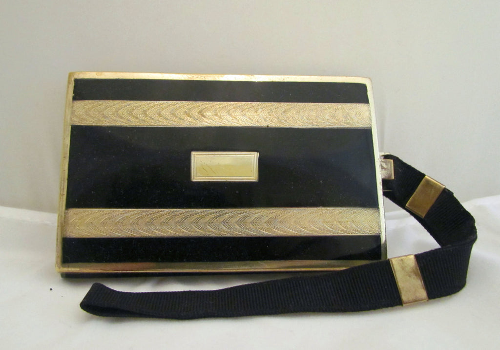 Art Deco Compact Coin Makeup Purse 1930s Terri Compact Gold & Black Enamel Wristlet Purse