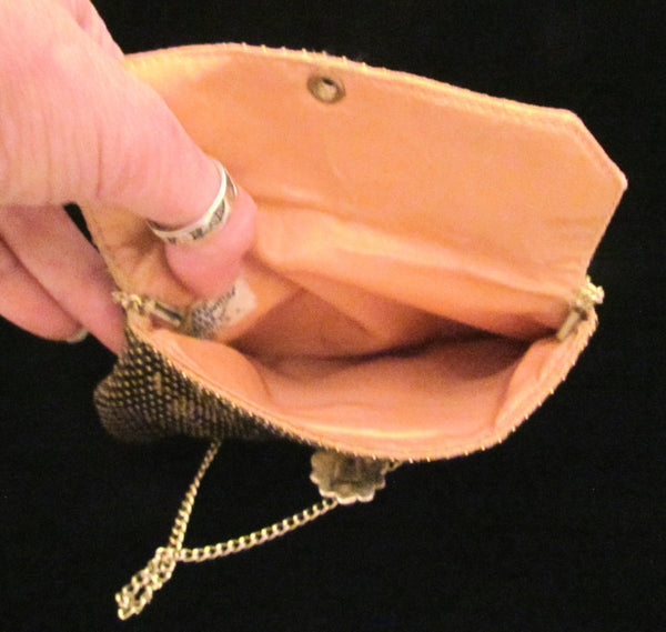 1930s Whiting & Davis Gold Mesh Purse Rhinestone Clasp Shoulder Bag Or Clutch Purse
