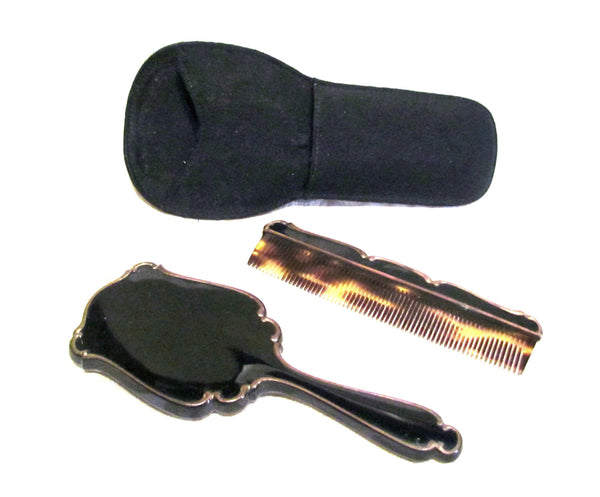 1930s Mirror Compact Comb Set Black Enamel Moire Holder Hand Held Compact Mirror UNUSED EXTREMELY RARE