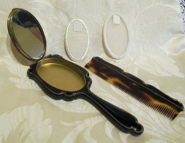 1930s Mirror Compact Comb Set Black Enamel Moire Holder Hand Held Compact Mirror UNUSED EXTREMELY RARE