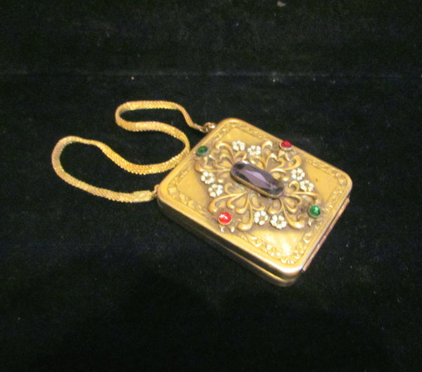 Antique Jeweled Compact Purse 1800's Gold Ormolu Mesh Wristlet Purse Victorian Dance Purse