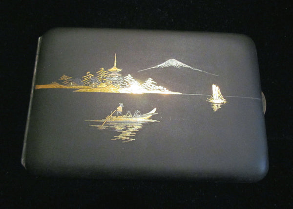 24kt Gold & Sterling Silver Etched Asian Cigarette Case Business Card Case 1930's Matt Black Case Excellent Condition