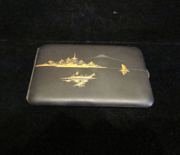 24kt Gold & Sterling Silver Etched Asian Cigarette Case Business Card Case 1930's Matt Black Case Excellent Condition