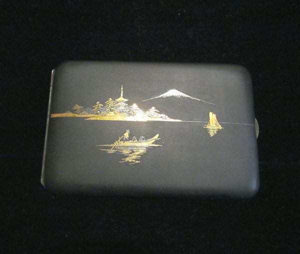 24kt Gold & Sterling Silver Etched Asian Cigarette Case Business Card Case 1930's Matt Black Case Excellent Condition
