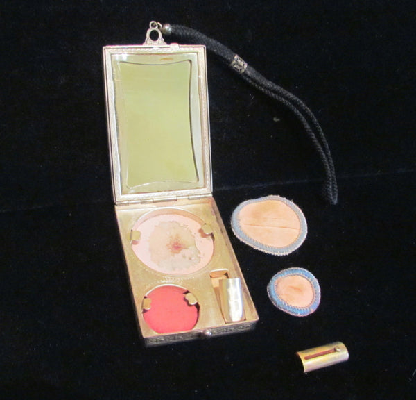 1900s Silver Compact Wristlet Purse Enamel Powder Rouge Lipstick Mirror Dance Purse