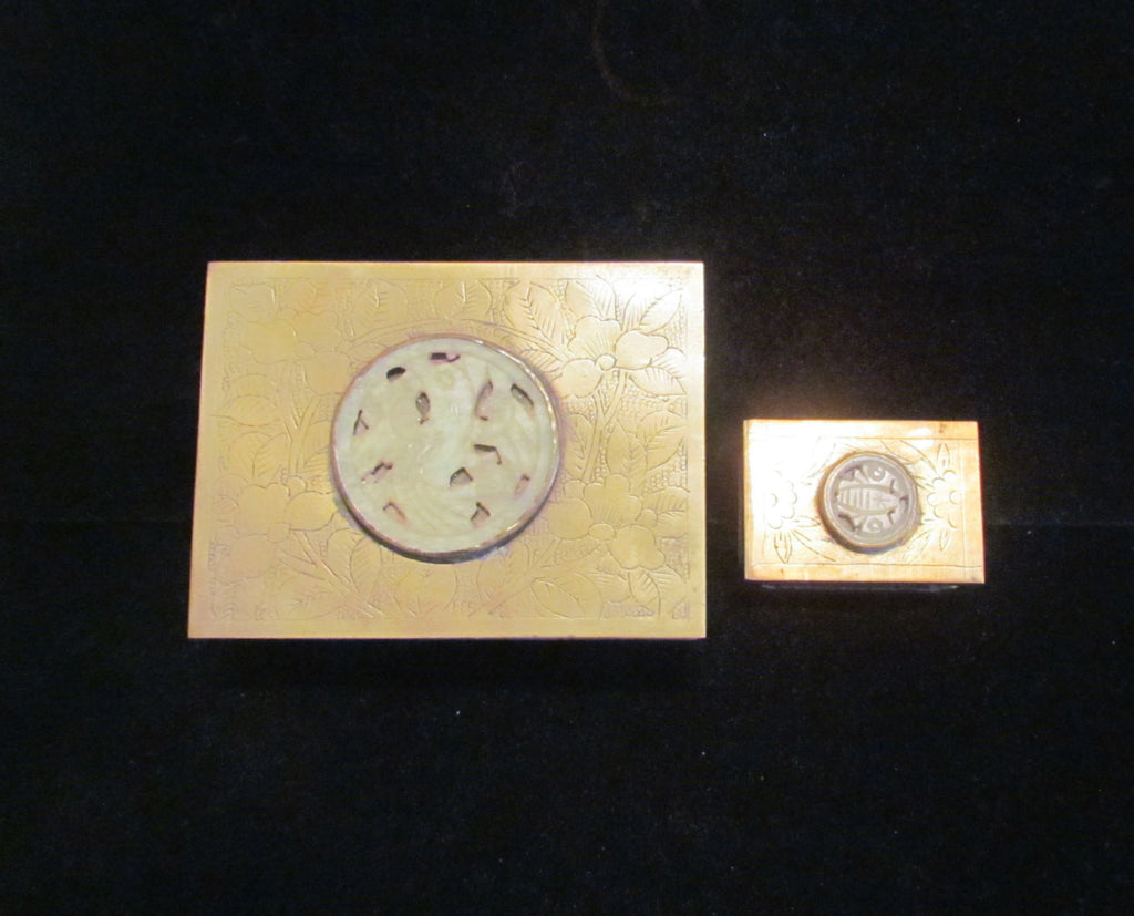 Asian Cigarette Box & Match Box Holder Safe 1950's Brass Tabletop Cedar Lined Case Smokers Gift Set