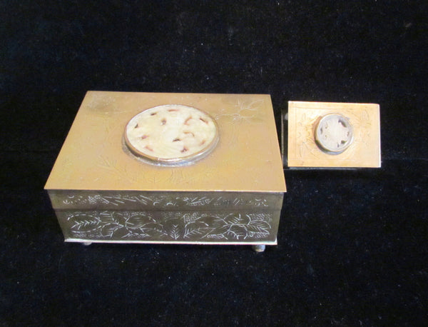Asian Cigarette Box & Match Box Holder Safe 1950's Brass Tabletop Cedar Lined Case Smokers Gift Set