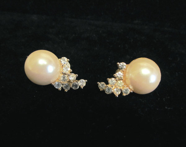 1950s Gold Pearl And Rhinestone Clip On Earrings Bridal Or Wedding