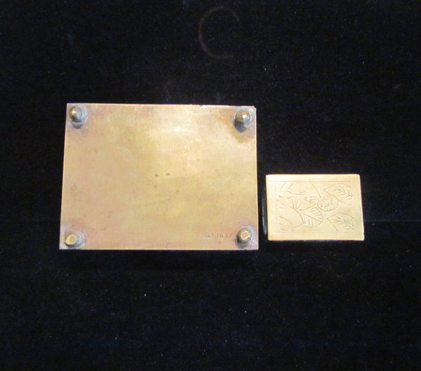 Asian Cigarette Box & Match Box Holder Safe 1950's Brass Tabletop Cedar Lined Case Smokers Gift Set