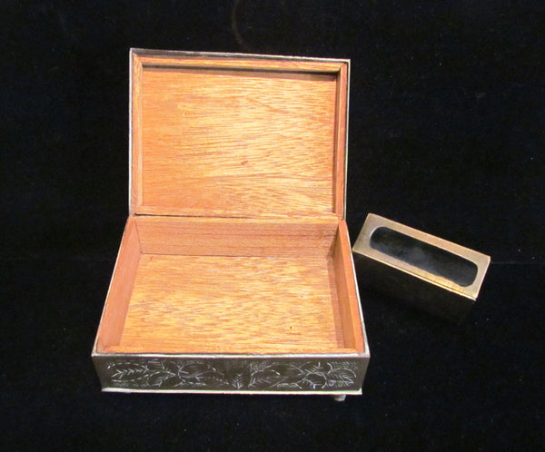 Asian Cigarette Box & Match Box Holder Safe 1950's Brass Tabletop Cedar Lined Case Smokers Gift Set