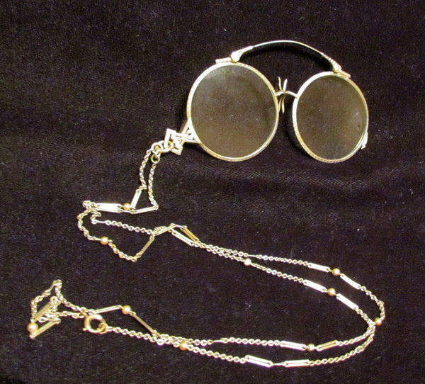 Victorian Pince Nez Eyeglasses Lorgnette Spectacles 12K Gold Filled 1800s Ladies Eye Glasses Necklace Excellent Condition