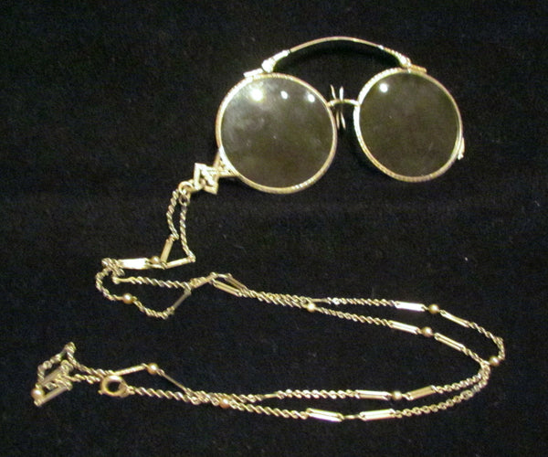 Victorian Pince Nez Eyeglasses Lorgnette Spectacles 12K Gold Filled 1800s Ladies Eye Glasses Necklace Excellent Condition