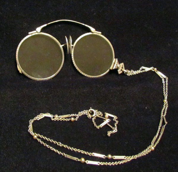 Victorian Pince Nez Eyeglasses Lorgnette Spectacles 12K Gold Filled 1800s Ladies Eye Glasses Necklace Excellent Condition