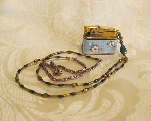 Vintage Guilloche Lighter Necklace OOAK Handmade Chain Working Pigeon Floral Lighter