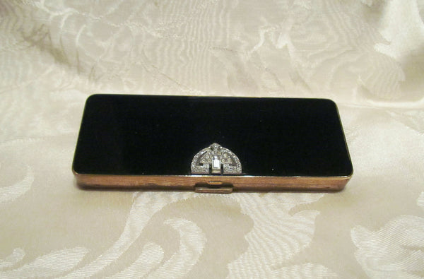 Volupte Black Enamel Compact 1940s Rhinestone Compact Art Deco Carryall Purse