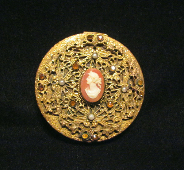 1800's French Cameo Gold Filigree Amber Jeweled Pearl Powder Mirror Compact Rare